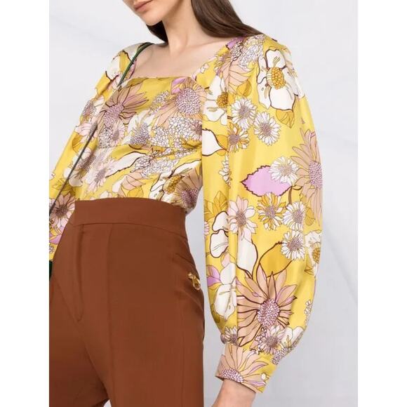SANDRO NWT Ginger Blouse Yellow Green Size 0 Floral Print Silk Twill Square Neck - Picture 1 of 14